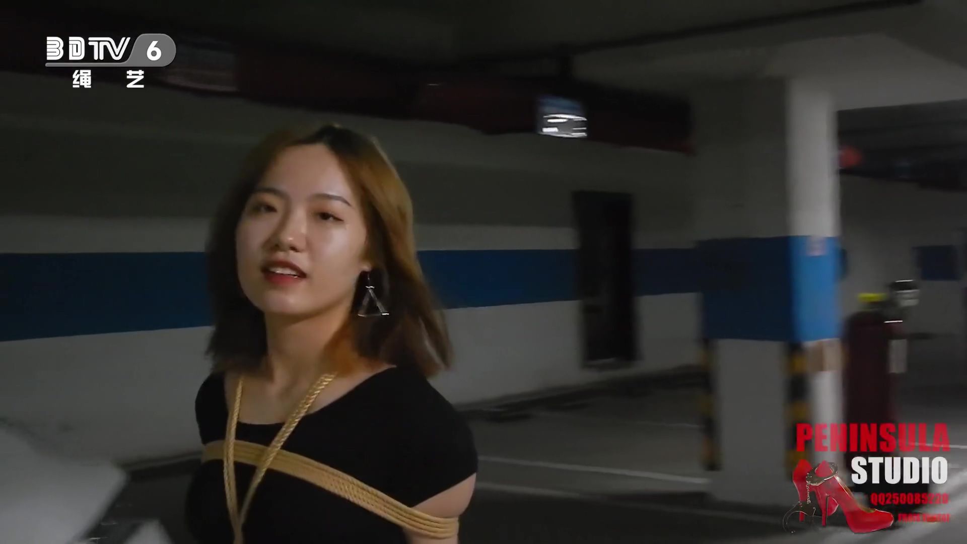 Perfect Young Chinese Girl Walks Around Carpark Tied Up Blackdick