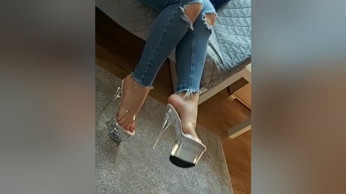 Outdoors Jeans And Clear Platform Heels Jerk Off