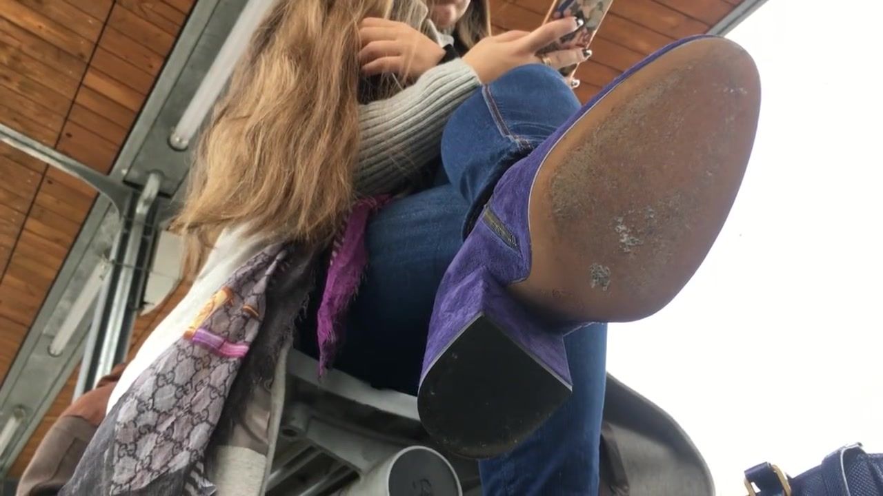 NudeMoon Pretty Teen In Interesting Purple Boots Filmed By Voyeur At The Bus Station Jerking image