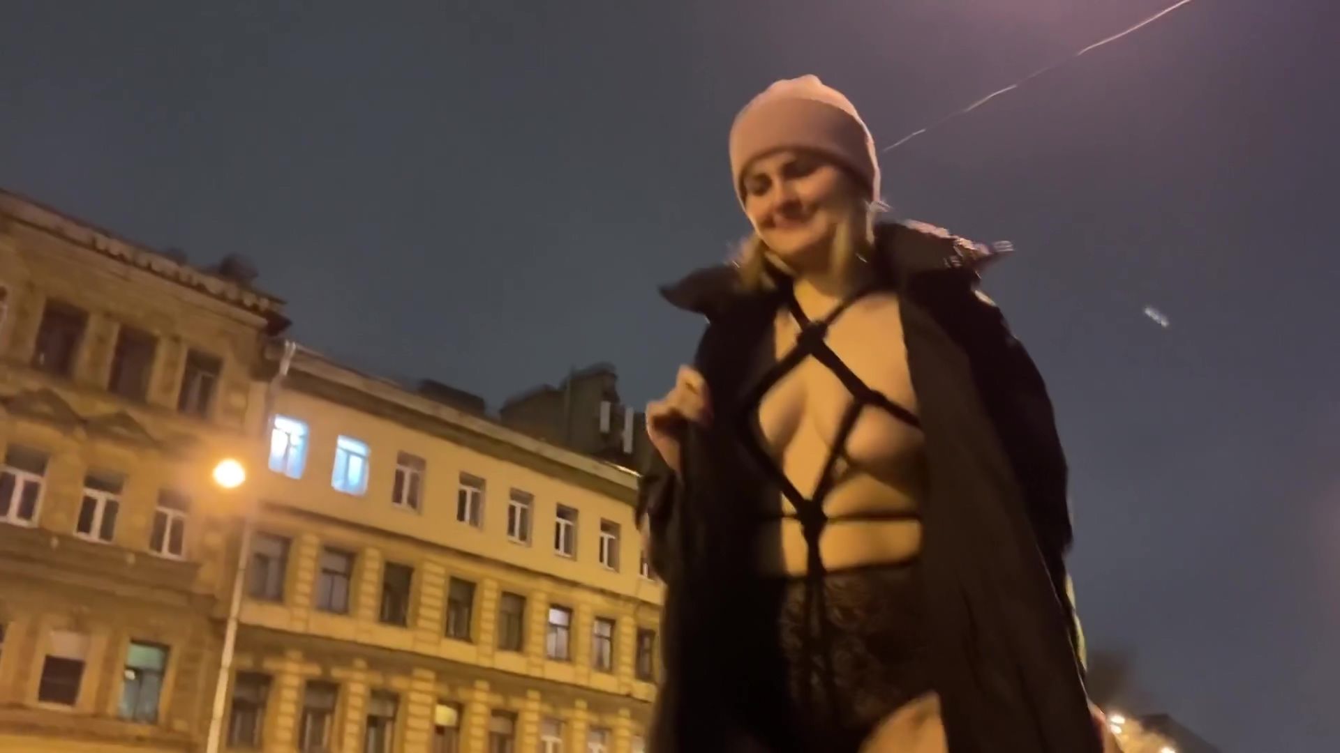 PornTube Blonde Walking In The Street With Ropes Under Her Coat Anal
