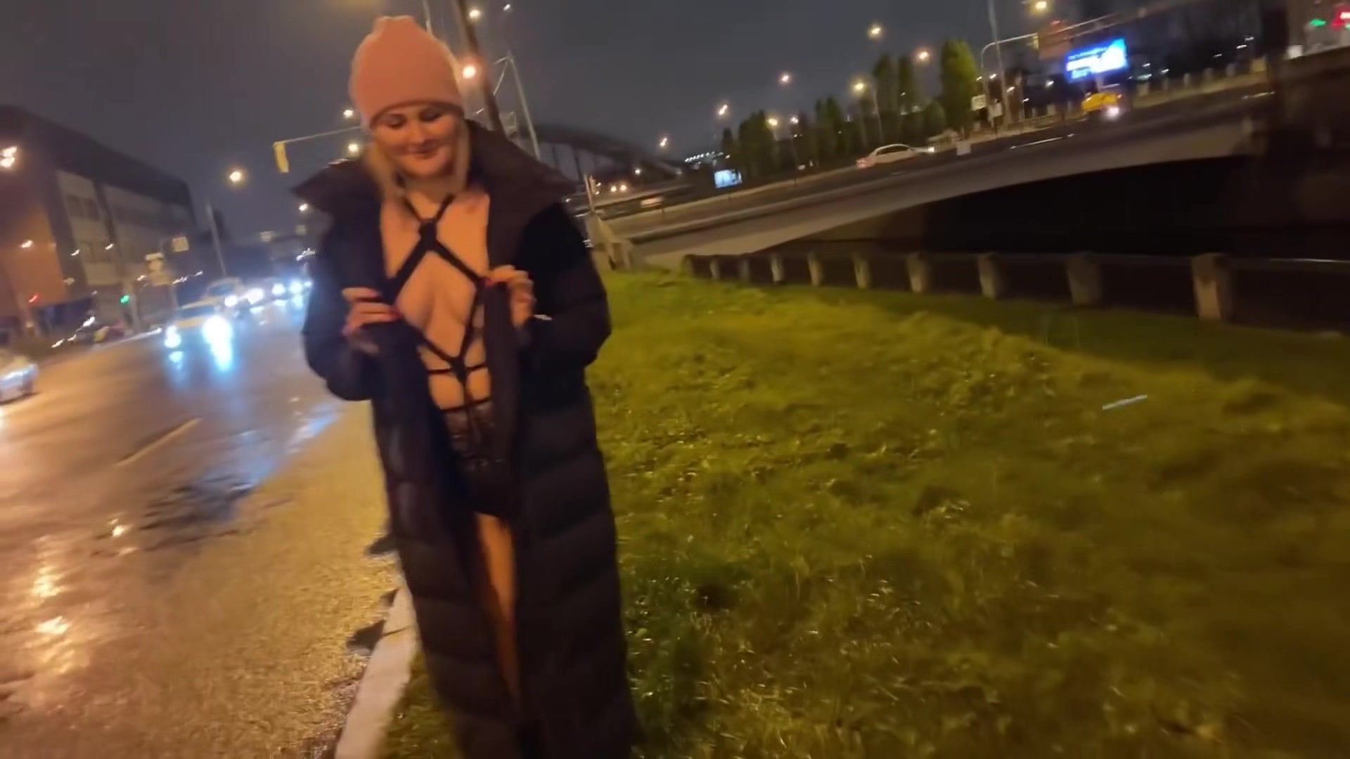 PornTube Blonde Walking In The Street With Ropes Under Her Coat Anal - 1
