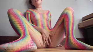 Internal Short Haired Teen Masturbates Hard On The Floor In Her Colorful Fishnets Puba