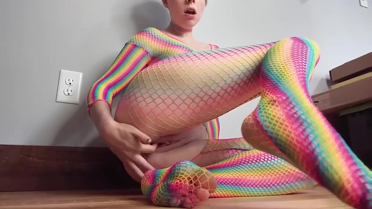 Sub Short Haired Teen Masturbates Hard On The Floor In Her Colorful Fishnets Soft