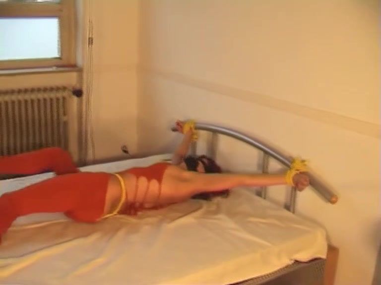 Cuckolding Spreadeagled In Red Dress With Yellow Rope Officesex
