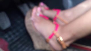 Sub Girl With Platform Shoes And Bright Pink Toenails Pushes Down The Pedals Up-close Clit