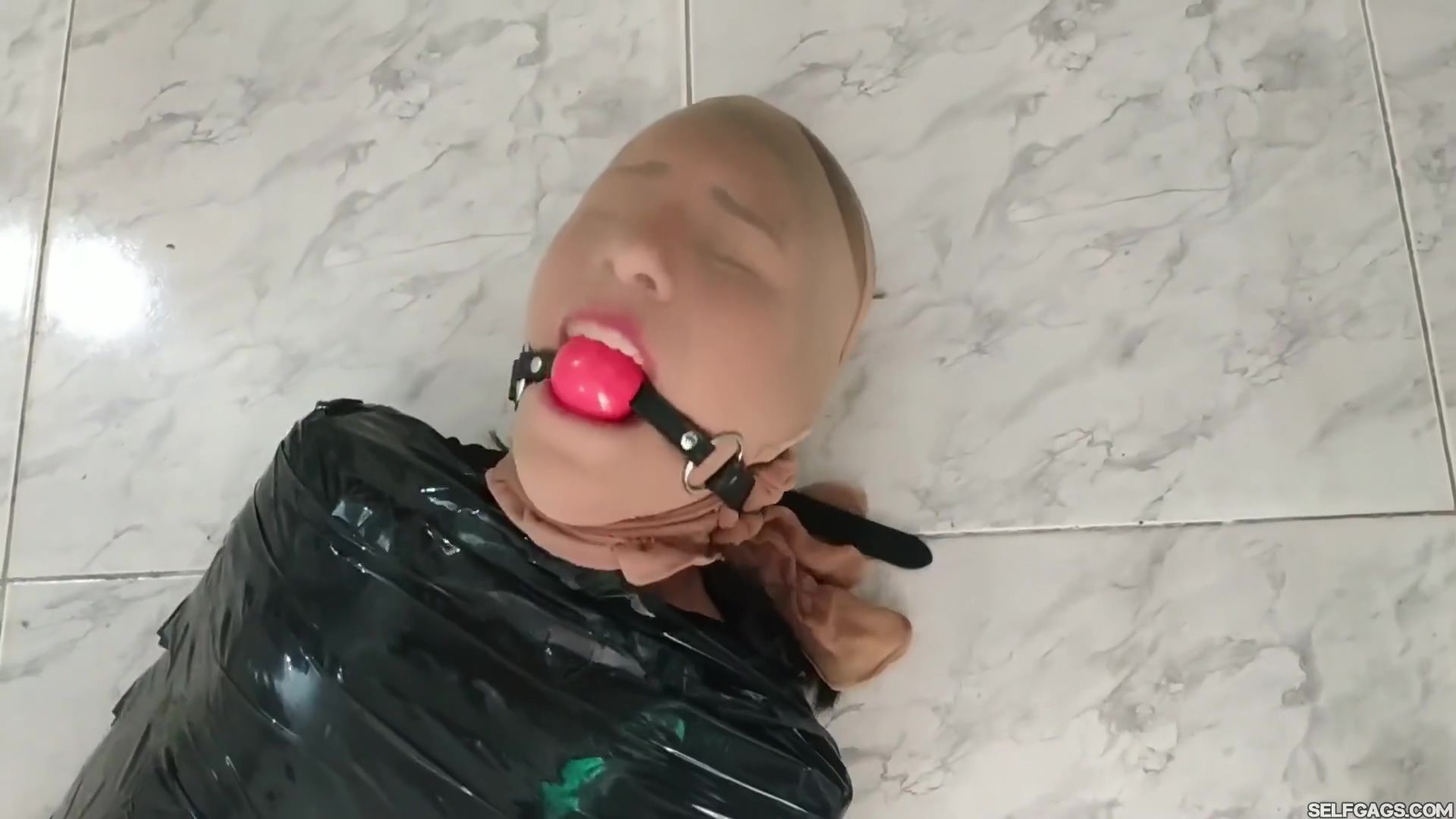 Fist Tape Mummified Girl Pantyhose Hooded And Ball Gagged Web Cam - 1