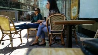 Sapphic Erotica Two Delicious Brunettes Get Their Candid Feet Filmed At The Caffe Penis