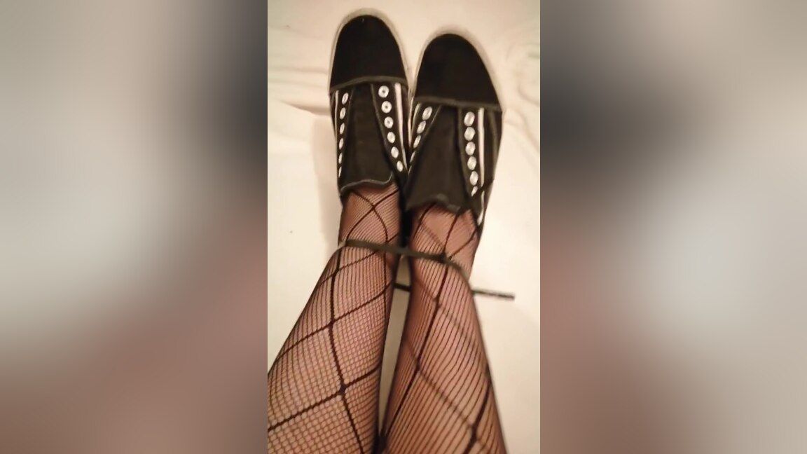 Fishnets Tied In Pantyhose And Sneaker Sex