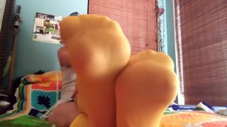 Satin Gorgeous Amateur Milf Flaunting Her Mature Feet In Yellow Nylon Stockings Pantyhose