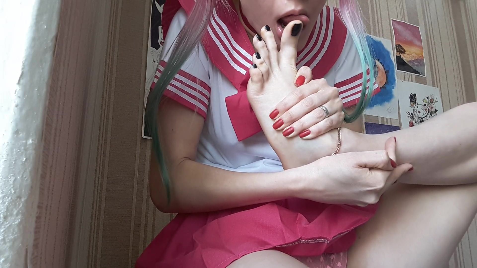 Chunky Naughty Schoolgirl Flashes Her Small Breasts And Sucks Toes With Black Nail Polish Ride